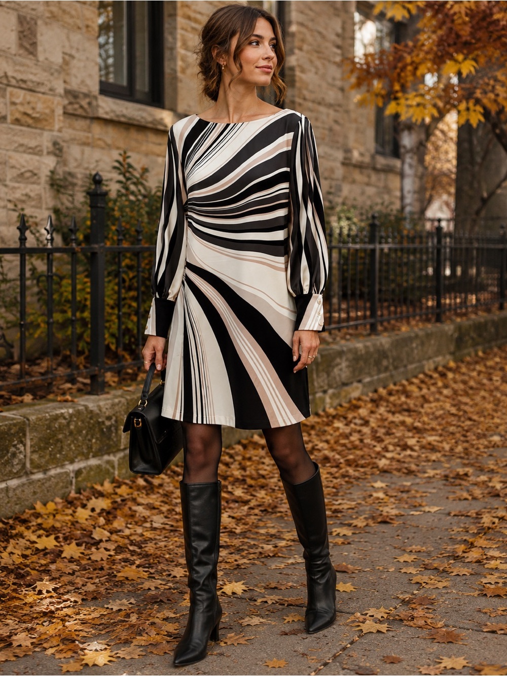 Richard Allan x H&M Abstract Swirl Print Shift Dress Size 12 Black Cream Tan